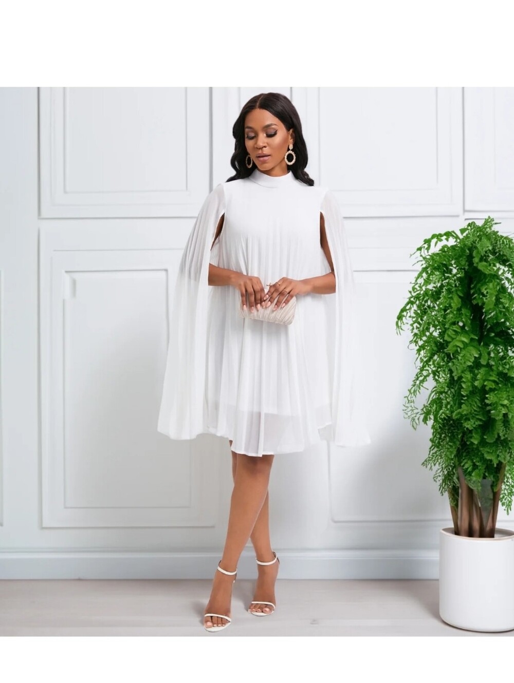 White Cape-Sleeve Mini Dress - Women's Elegant Party Dress